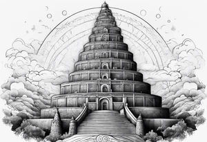Babel tower with a cosmic background tattoo idea
