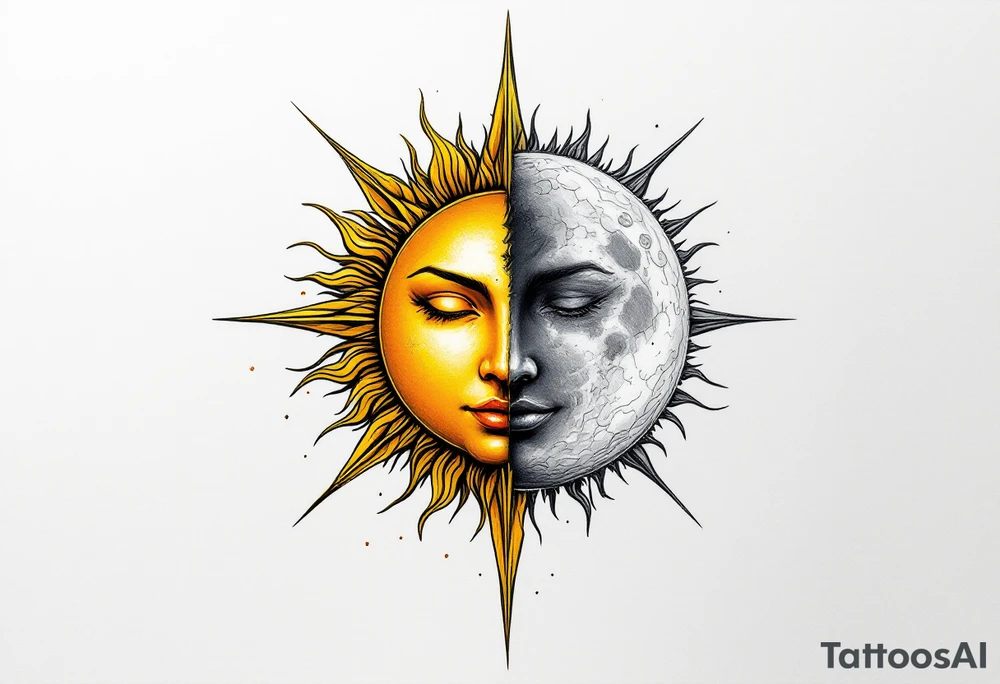 A radiant golden sun with sharp rays on one side and a calm silver moon with soft waves on the other, symbolizing karmic equilibrium. tattoo idea