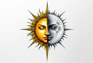 A radiant golden sun with sharp rays on one side and a calm silver moon with soft waves on the other, symbolizing karmic equilibrium. tattoo idea