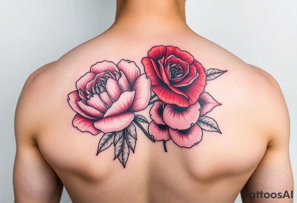 Pink peonie outline deep red rose outline red poppy outline and pink carnation outline tattoo idea