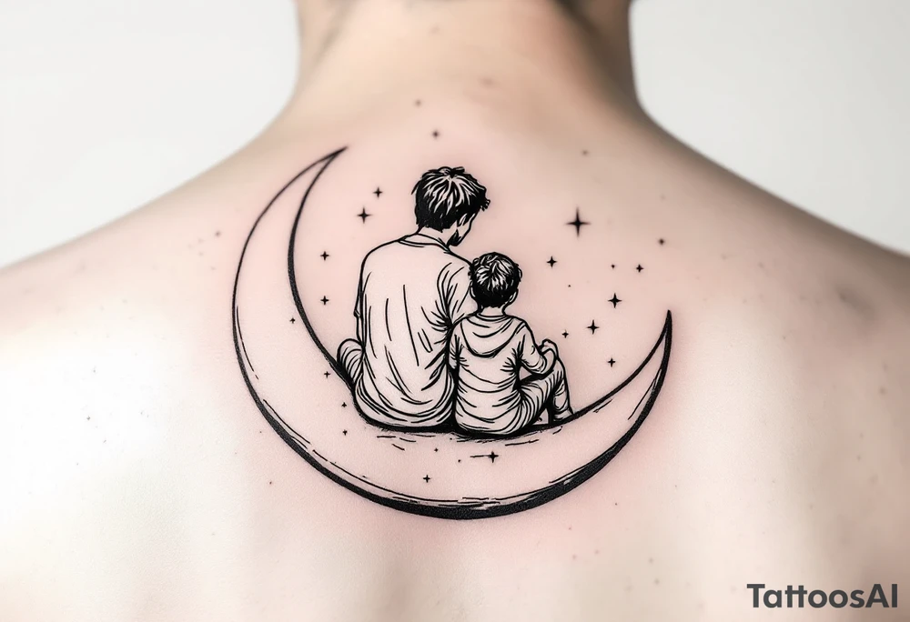 A minimalist black outline of a parent and son sitting on a crescent moon, surrounded by faint yellow stars tattoo idea