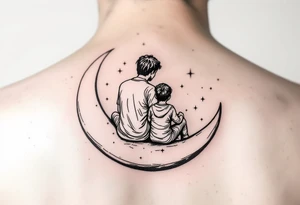 A minimalist black outline of a parent and son sitting on a crescent moon, surrounded by faint yellow stars tattoo idea