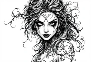 A sinister mermaid or vampire woman with piercing eyes and intricate shadow work. tattoo idea