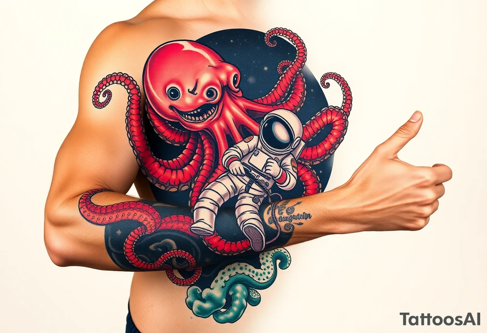 Kraken octopus grabbing a astronaut in a Outer space back ground tattoo idea