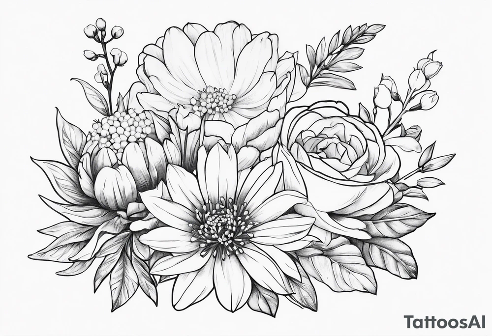 Asters, roses, lily of the valley, and chrysanthemums sleeve tattoo idea