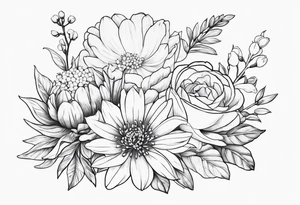 Asters, roses, lily of the valley, and chrysanthemums sleeve tattoo idea