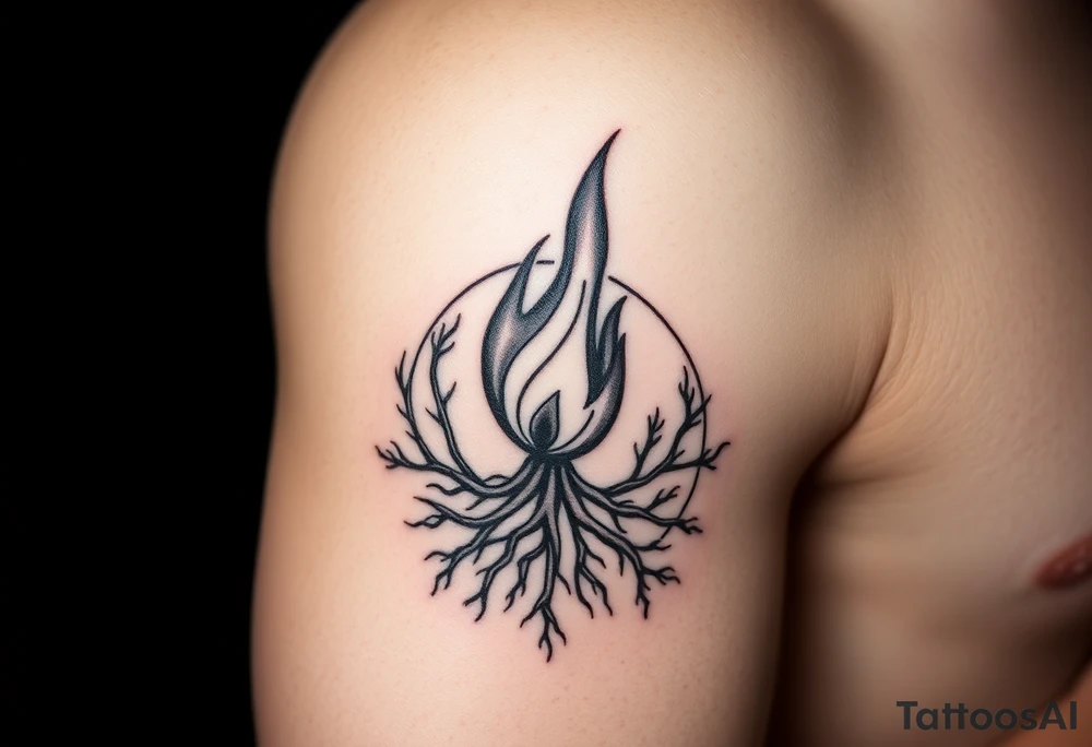 flame in a blooming roots circle tattoo idea