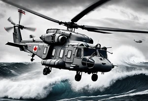 Canadian military grey CH-148 Cyclone helicopter soaring low over rough, ocean waves. In the background, a poppy be prominently displayed tattoo idea