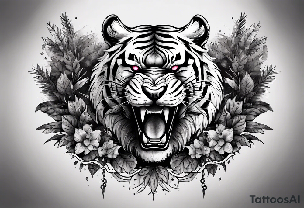 Tiger and bear growling chest tattoo both on different pecs. They are in a cloudy forest with fierce warriors. Number 14 is in the sternum tattoo idea