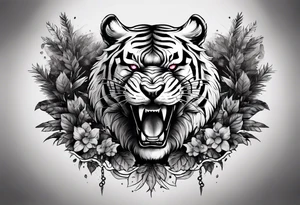 Tiger and bear growling chest tattoo both on different pecs. They are in a cloudy forest with fierce warriors. Number 14 is in the sternum tattoo idea