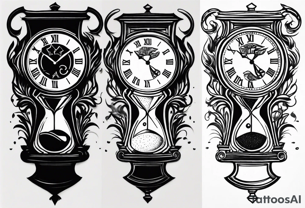 a tattoo mixing a clock integrated with an hourglass an hourglass in black and white where the year 1979 appears. on the amount of the hourglass tattoo idea