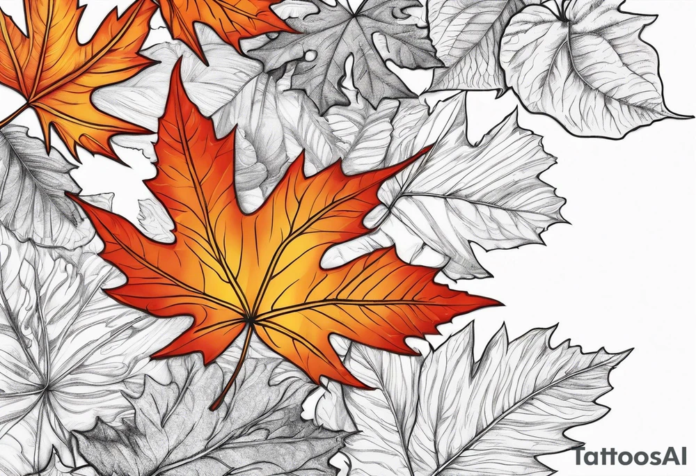 Red gold and orange autumn leaves falling in wind tattoo idea