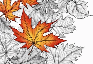 Red gold and orange autumn leaves falling in wind tattoo idea