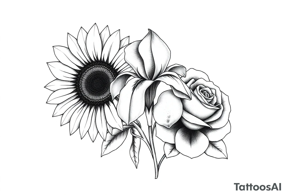 Sunflower,iris and a Rose flowers tattoo idea
