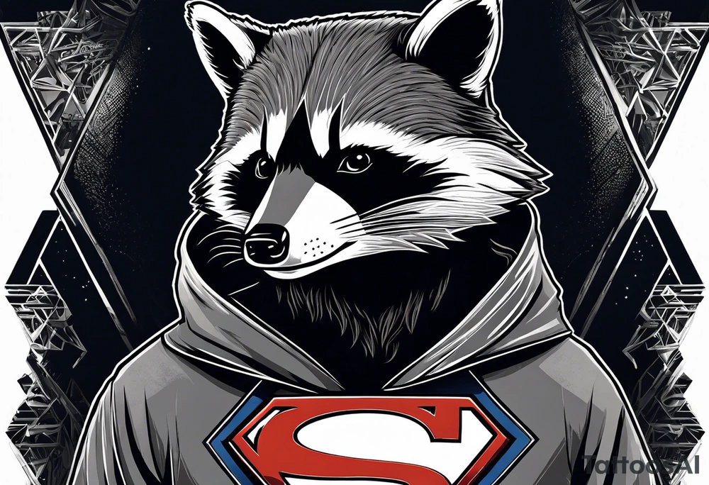 Raccoon wearing a white Superman logo on a black hoodie tattoo idea