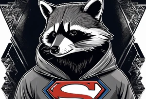 Raccoon wearing a white Superman logo on a black hoodie tattoo idea
