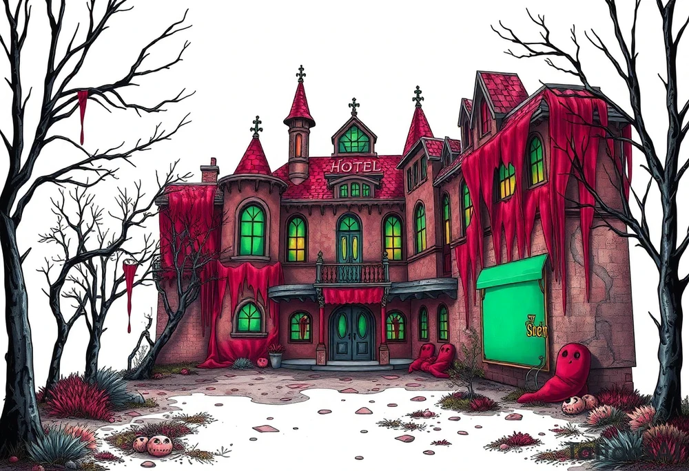 Tim Burton’s sex hotel from outside viewis abandoned and dripping with muted reds, dusty pinks, and eerie green glow. tattoo idea tattoo idea