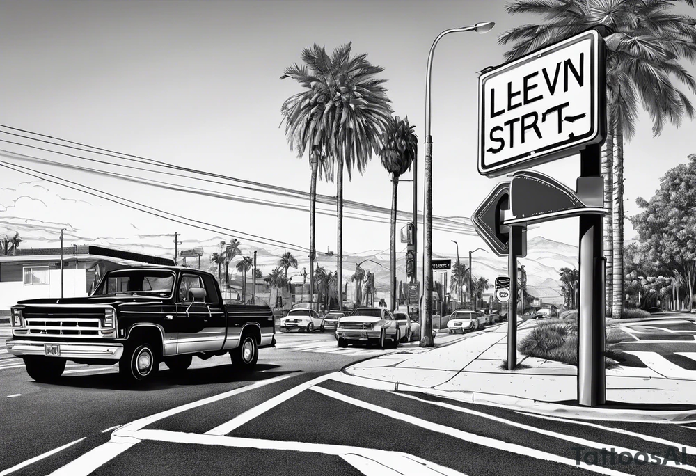 Crosswalk sign and post with “Levin St” and “Dixon Rd”. In the background there should be palm trees tattoo idea