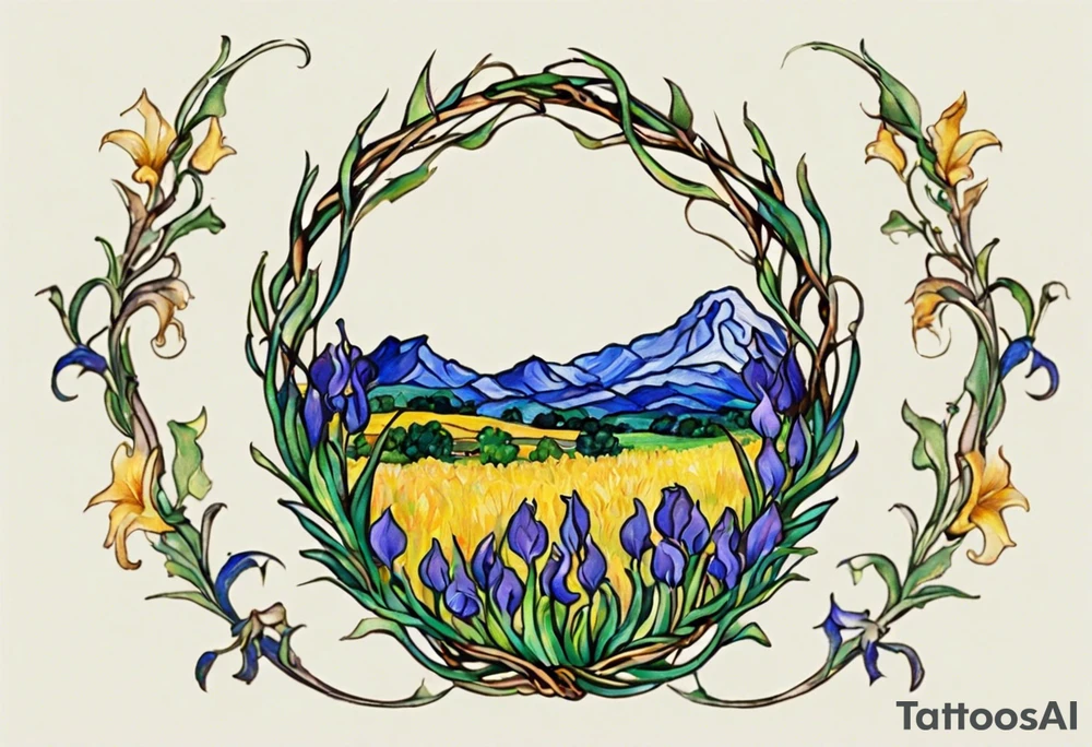 Create a small, colorful Vincent van Gogh Irises tattoo in the form of a crescent, with vines gracefully intertwining at a central point in the middle of the wreath. The intended placement is on the upper chest. The middle needs mountains. The overall design should be small in size while maintaining a delicate and artistic aesthetic. Pay attention to the graceful flow of the vines and the placement of the irises to achieve a refined and elegant look. tattoo idea