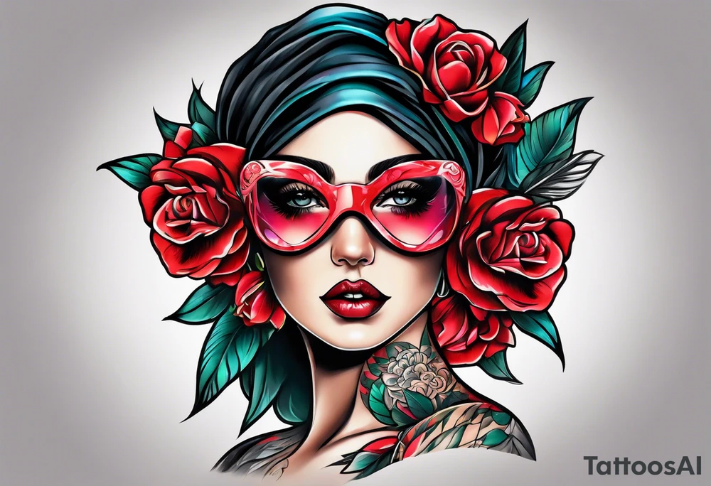 Bold Neo traditional blindfolded woman tattoo idea