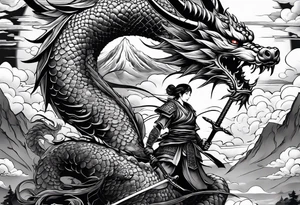 beautiful warrior fairy holding a sword and a full dragon and the background will be mountains, clouds, and a Japanese building tattoo idea
