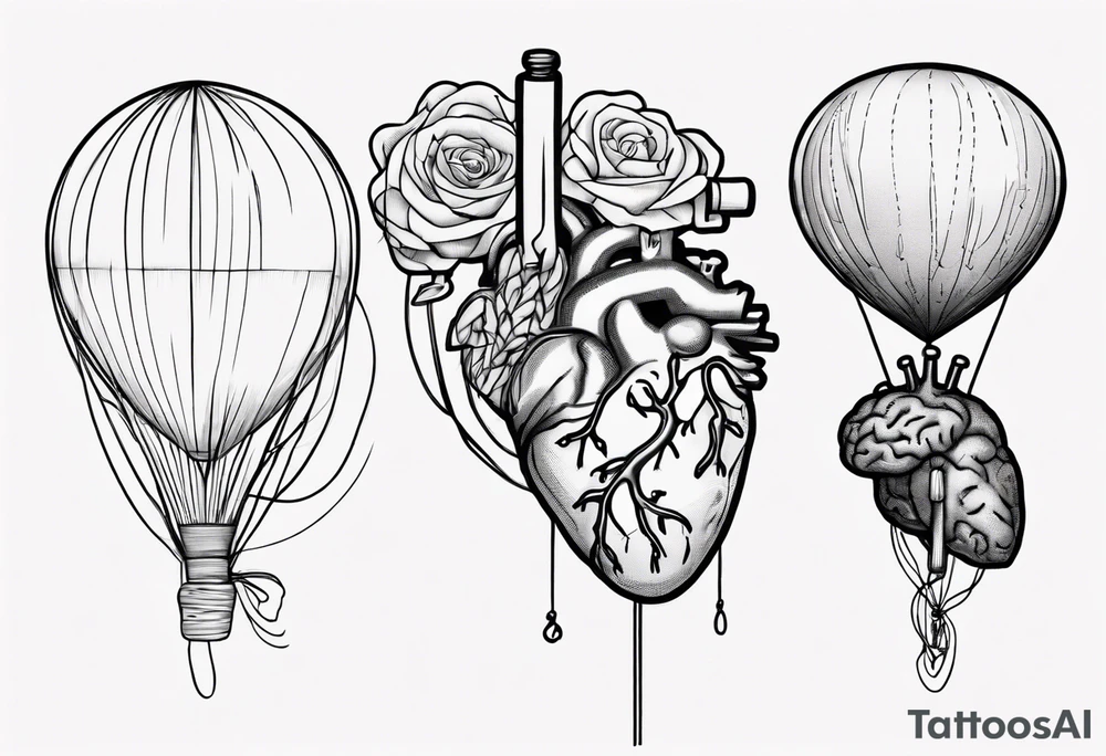 A simple line design anatomical heart and anatomical brain tied with balloon string being held by a woman's hand tattoo idea
