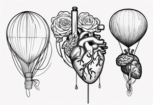 A simple line design anatomical heart and anatomical brain tied with balloon string being held by a woman's hand tattoo idea
