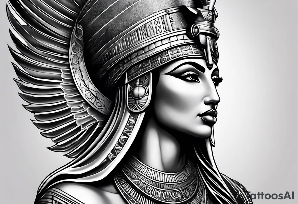 black and gray photo realistic goddess isis with minimal detail tattoo idea