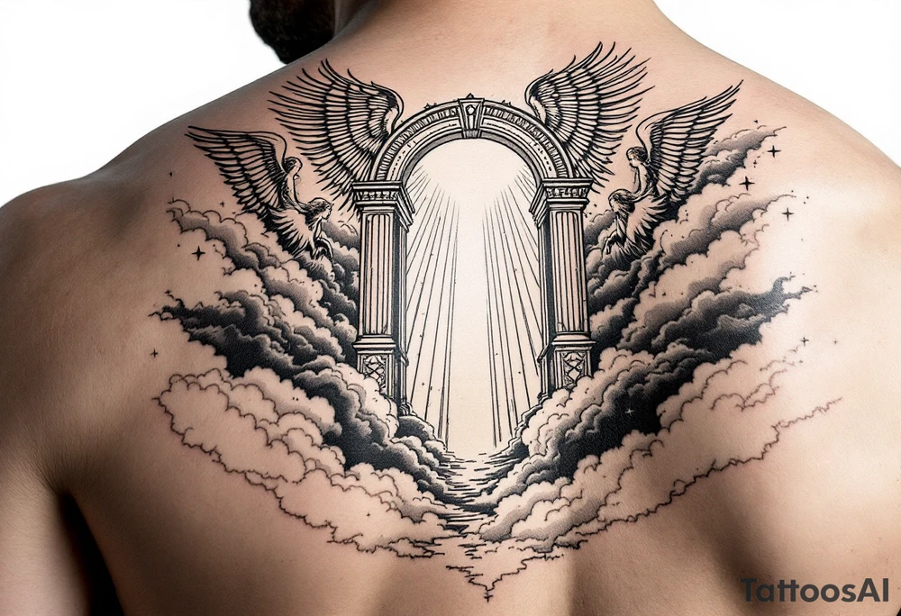 gates of heaven surrounded by angels clouds and rays of light tattoo idea