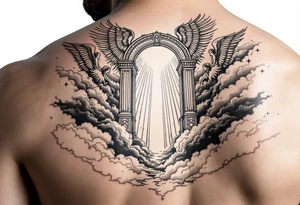 gates of heaven surrounded by angels clouds and rays of light tattoo idea