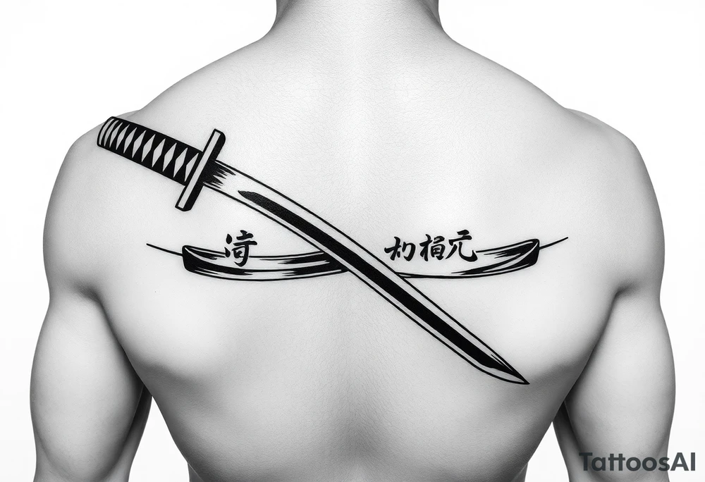 Katana with a black belt and fabled written in korean tattoo idea