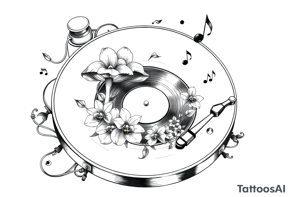 vinyl record player with mushrooms, orchids, and music notes around it tattoo idea