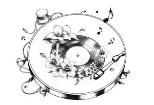 vinyl record player with mushrooms, orchids, and music notes around it tattoo idea