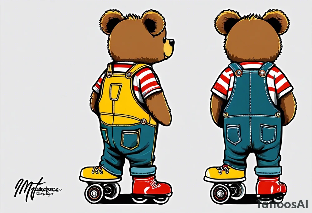 the back of one standing, skinny, brown ,
teddy bear in long, yellow overalls and white roller skates with red stripes on his feet tattoo idea