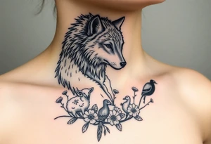 Wolf wearing a sheeps wool around its body like a robe  prowling around flower weeds with lambs and goats and peacocks tattoo idea