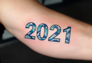 Roman's Birthdate (May 8, 2021) – Deep blue ocean waves wrapping around Roman's birthdate, with seafoam white accents and a starfish design near the numbers. tattoo idea
