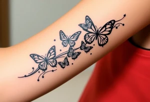Six different butterflies streaming down arm with six kids names Aden, Aninna, Novaih, Rayla, Jayla, Teresa tattoo idea