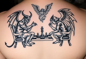 devil and angel playing chess. Make them seem like people and not animals. Sitting on chairs with an angel watching tattoo idea