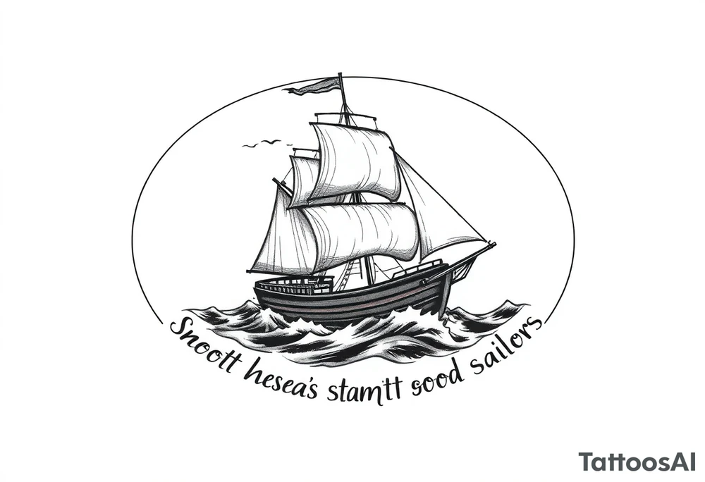 Can you please create an oval design of a ship in rough seas with the words “smooth seas don’t make good sailors”? tattoo idea