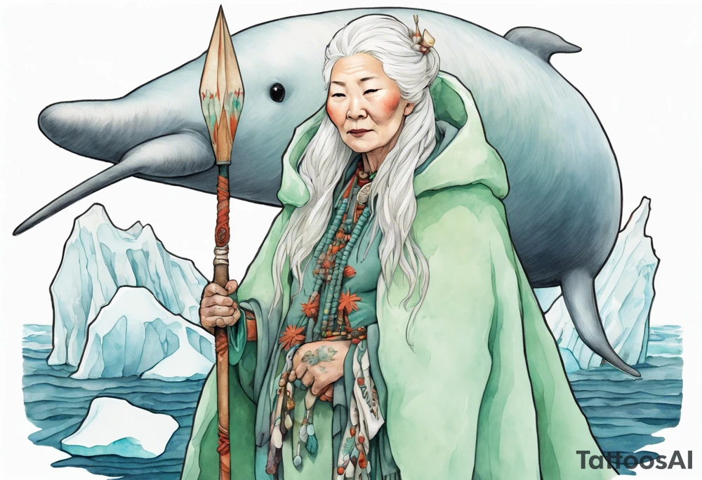 a 55-year-old Sami woman with white  hair wearing a white and mint cloak standing on an iceberg with one narwhal in the background tattoo idea