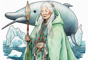 a 55-year-old Sami woman with white  hair wearing a white and mint cloak standing on an iceberg with one narwhal in the background tattoo idea