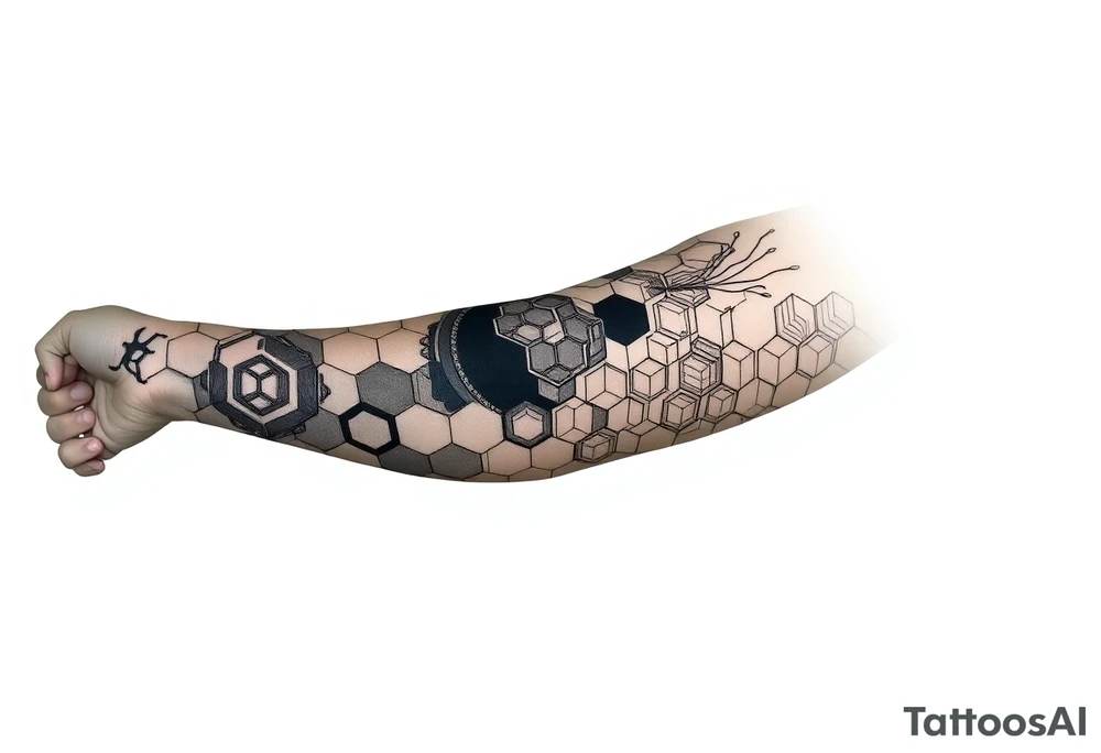 design a full “sleeve” tattoo that consists of a base layer of abstract hexagon pattern overlaid with a little blackwork abstract while incorporating the top tattoo and integrating slight biomech designs tattoo idea