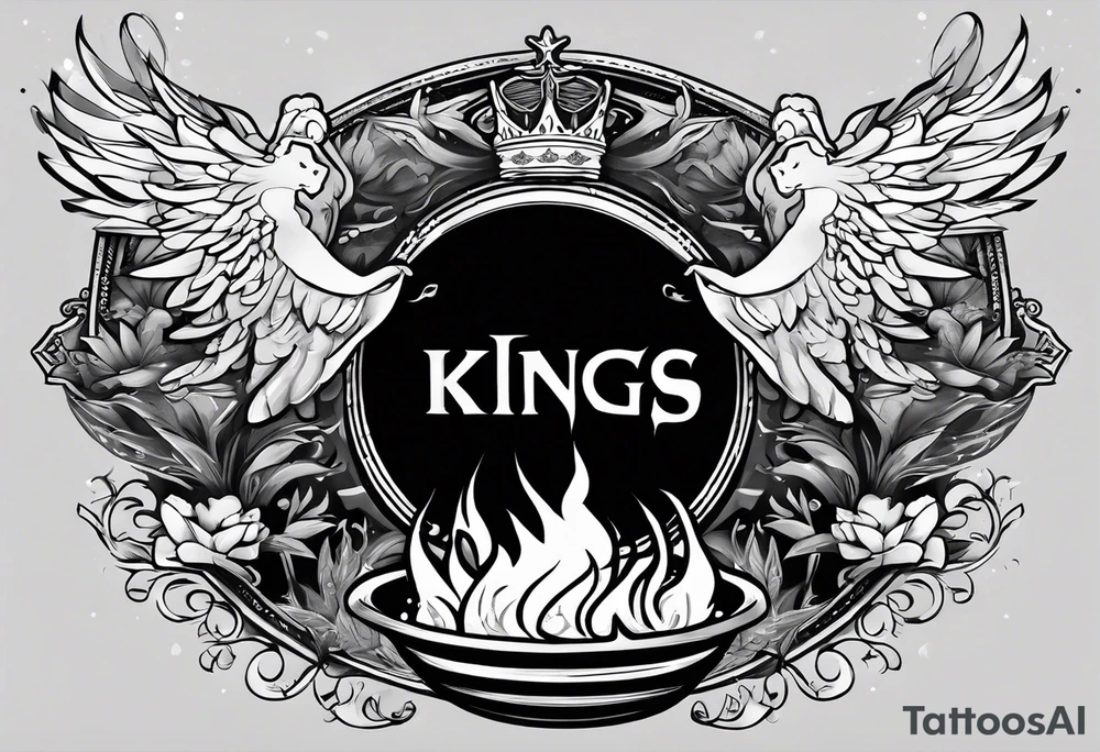 3 men holding hands in a big fire pit with an angel in the background with the word kings on top of it with a crown on top of that tattoo idea