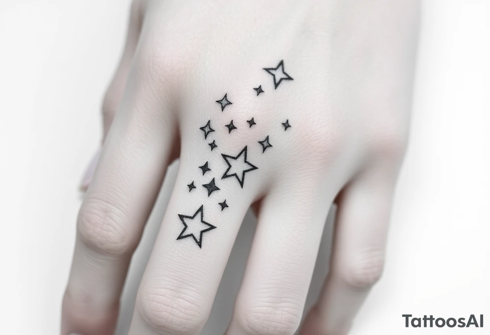 tattoo on back of hand and around fingers that includes stars and had a cool design made of lines tattoo idea