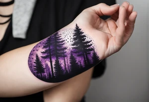 forest, purple and black, on hand, fully covered, no borders, blackwork tattoo idea