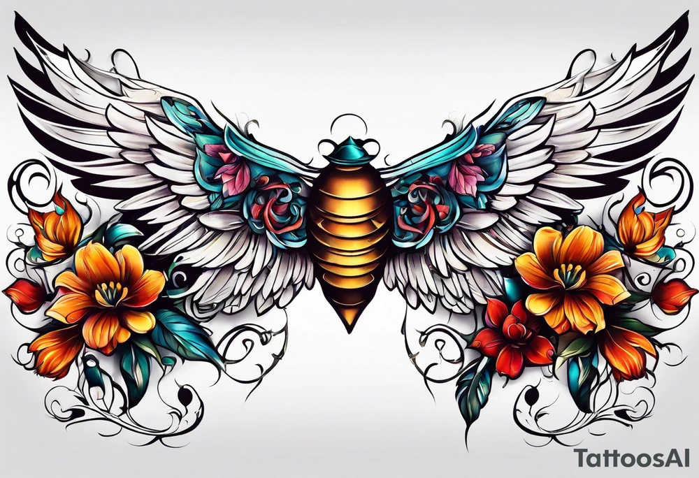Flower tattoo with wings for full stomach area tattoo idea