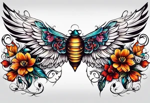 Flower tattoo with wings for full stomach area tattoo idea