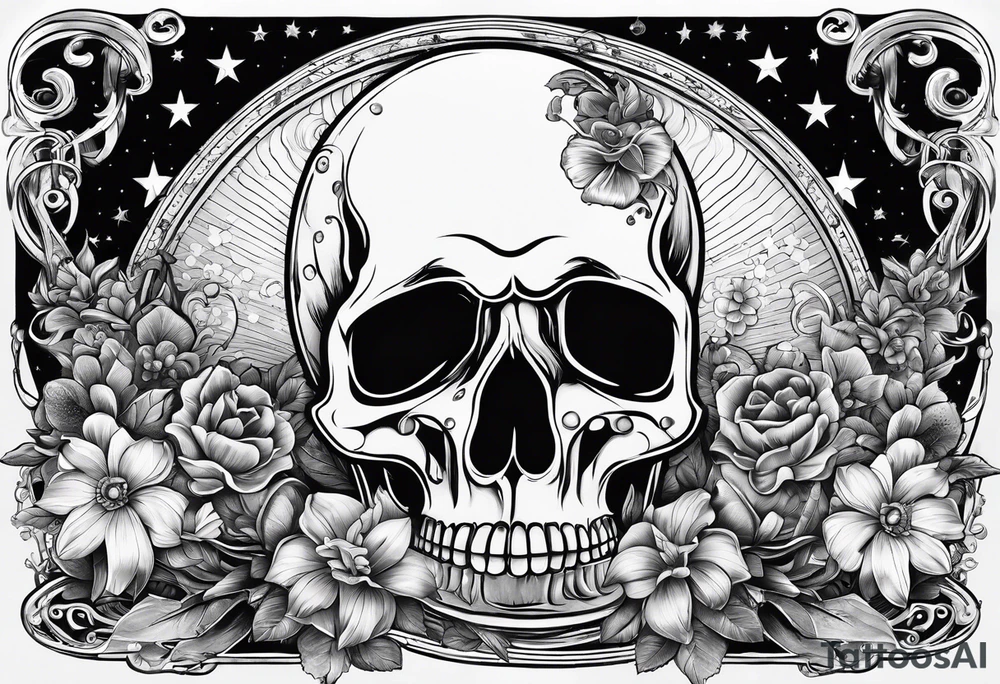 round bottom flask, roller coaster track, skulls, flowers, space with stars tattoo idea