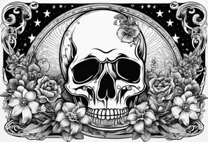 round bottom flask, roller coaster track, skulls, flowers, space with stars tattoo idea