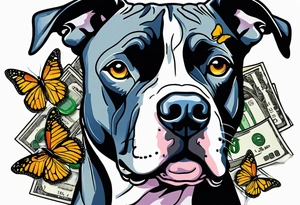 american staffordshire with a butterfly, with pills, drugs, euro bank notes and currency, vbank cheques, police, walkietalkies tattoo idea